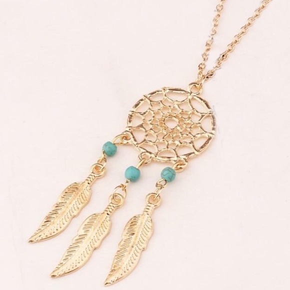 Dreamcatcher Gold Feather Turquoise Charm Necklace - Picture 3 of 5